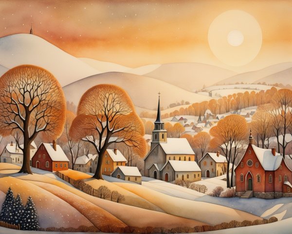 Watercolor Illustration of a Winter Village Scene