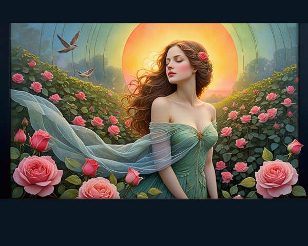 Serene Woman in Floral Landscape with Sunburst Glow