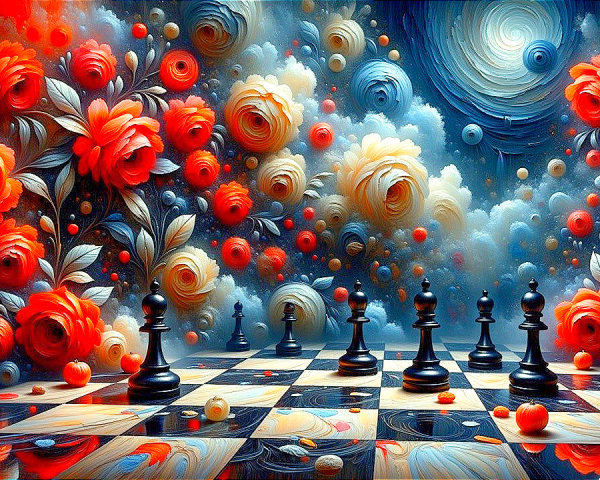 Surreal Chessboard with Floral Background and Clouds