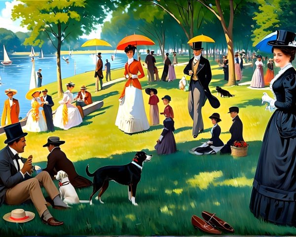 Lively 19th Century River Scene with Elegant Attire