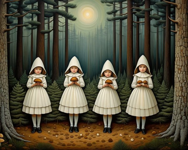 Four Girls in White Dresses Holding Mushrooms in Forest