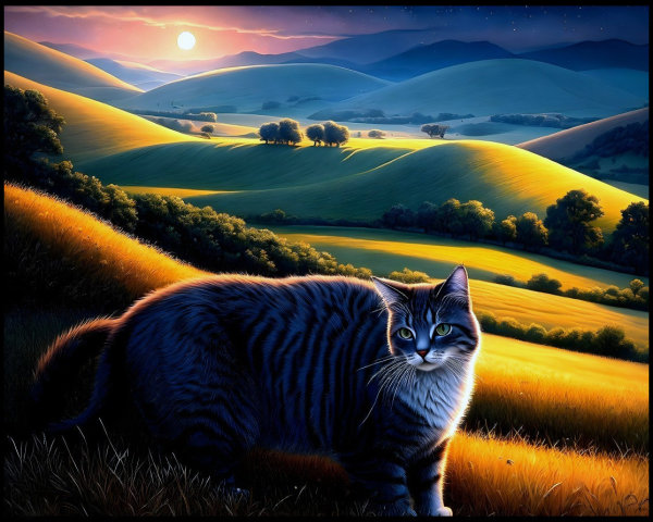 Majestic Landscape with Cat at Sunset