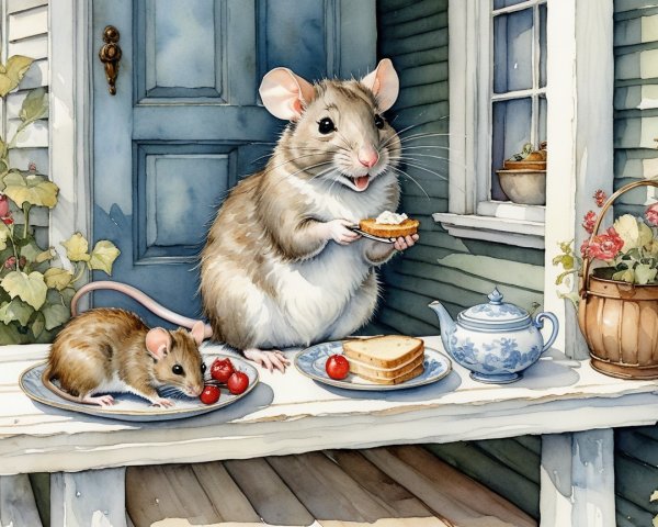 Cheerful Mice Enjoying Treats on a Quaint Porch