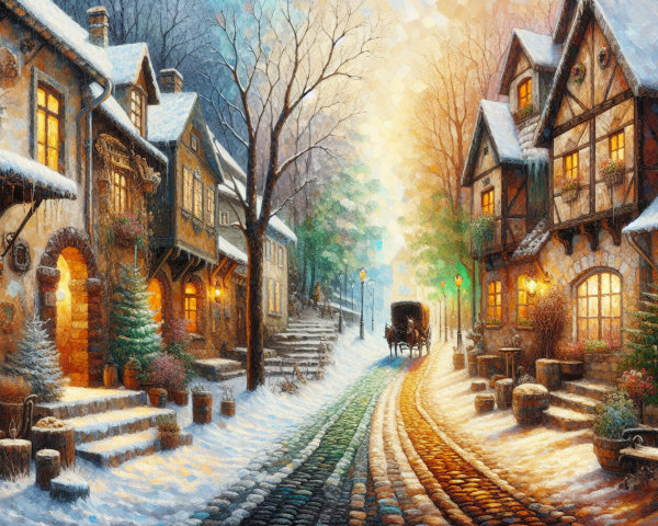 Charming Winter Village Scene with Snowy Cottages