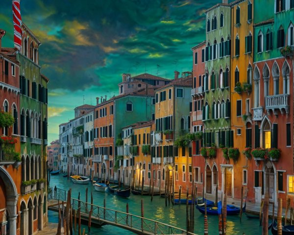 Venetian Canal with Colorful Buildings and Gondolas