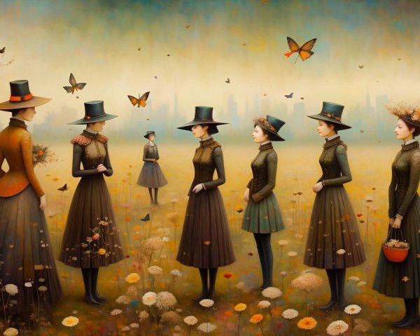 Whimsical Dreamlike Landscape with Elegant Women