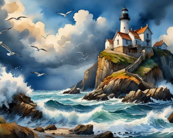 Dramatic Oil Painting of Coastal Village and Tempestuous Sea