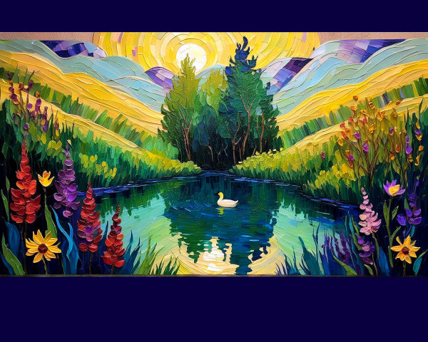 Vibrant Landscape with Pond and Colorful Wildflowers