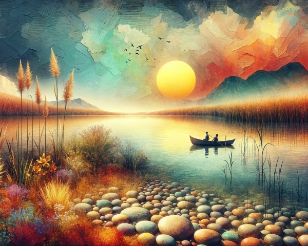 Serene landscape with river, sunset, and boat figures
