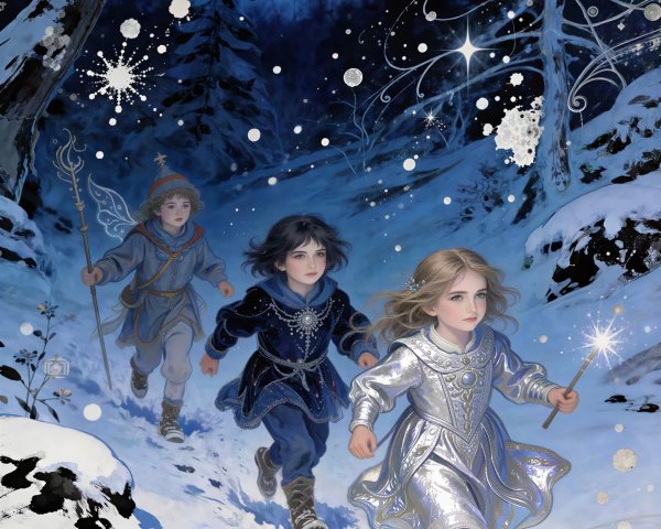 Children and Fairies Running Up a Snowy Hill at Night