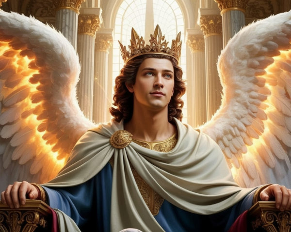 Majestic figure with luminous wings on a throne
