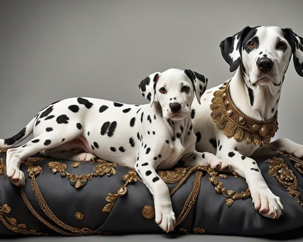 Elegant Dalmatians on Ornate Pillow with Golden Embroidery
