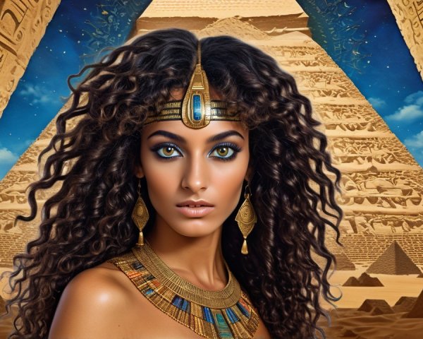 Woman with Curly Hair and Jewelry Near Pyramids