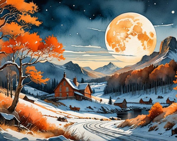 Serene Winter Landscape with River and Snowy Mountains