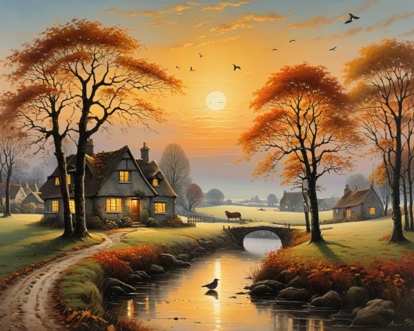 Autumn Landscape with Cottage and Serene River