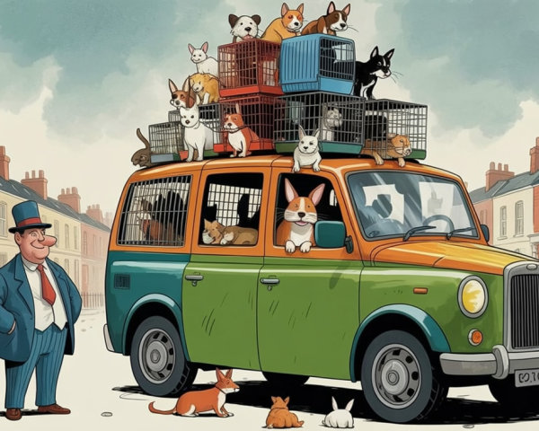 Colorful Cartoon Scene of Van with Playful Dogs