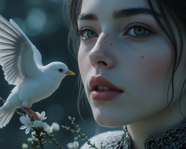 Close-Up Portrait of a Woman with Green Eyes and Bird