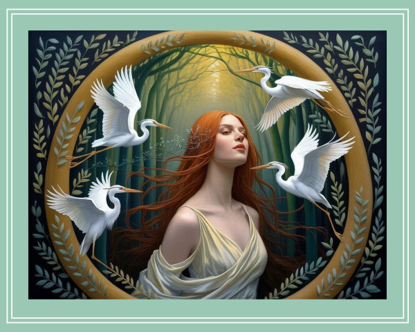 Serene Woman with Red Hair in Enchanted Forest Scene