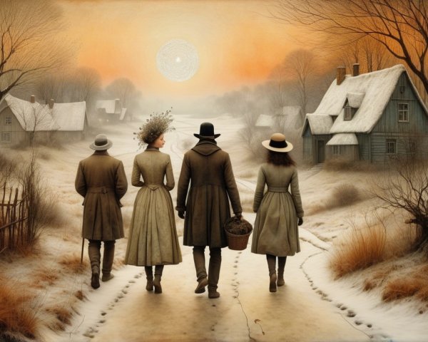 Winter Landscape with Figures Walking at Sunset