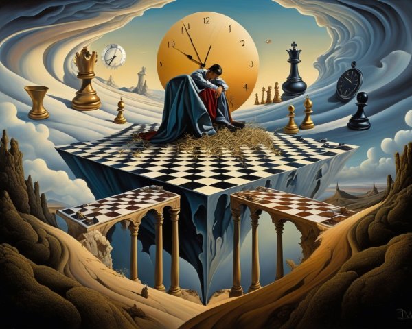 Surreal Landscape with Floating Chessboard and Figures