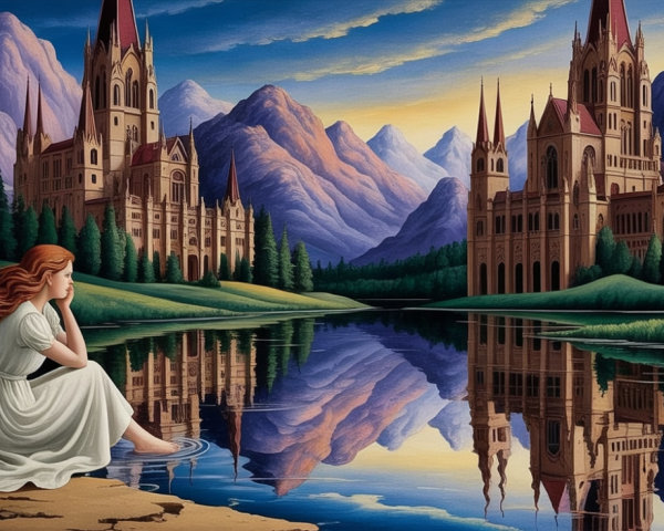 Young Woman by Tranquil Lake with Castles at Sunset
