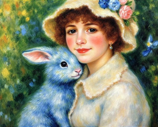 Young girl in pastel dress with rabbit in nature