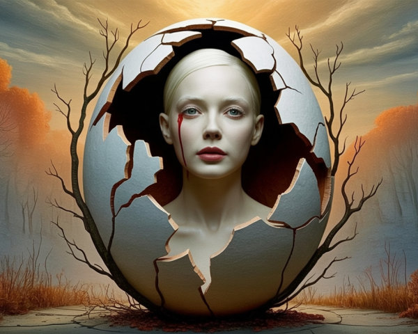 Surreal Scene of Cracked Eggshell and Serene Face