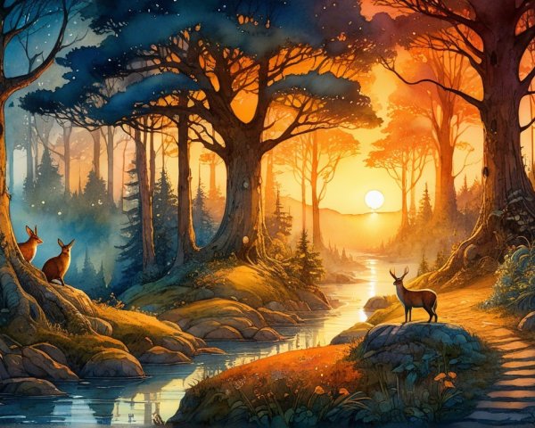 Serene forest scene at sunset with vibrant colors