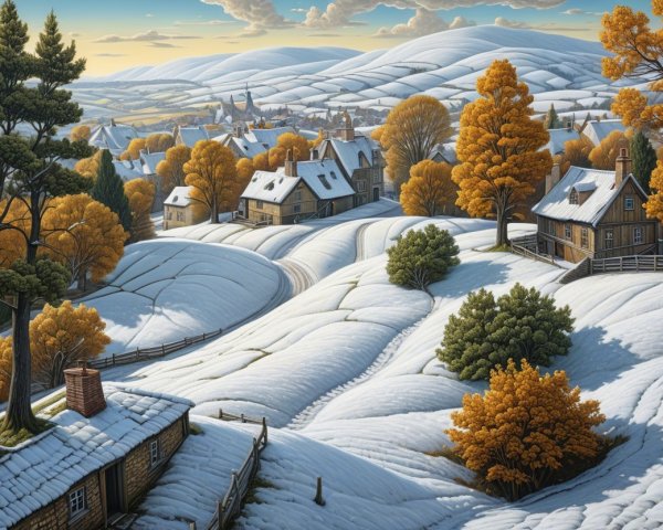 Winter Landscape with Snow-Covered Hills and Trees