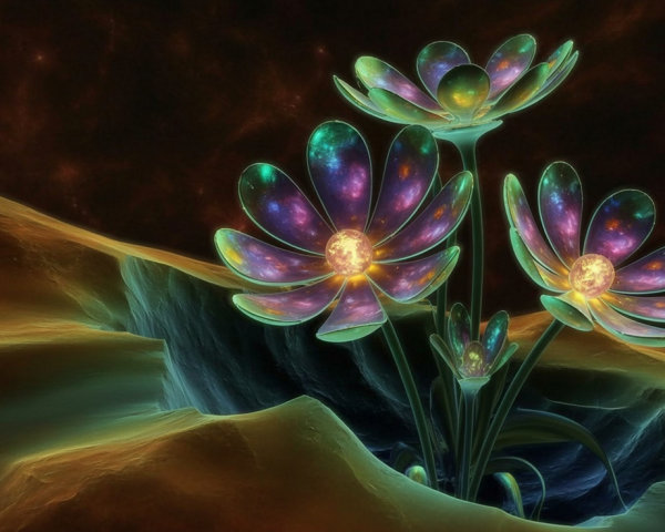 Surreal Cosmic Landscape with Vibrant Alien Flowers