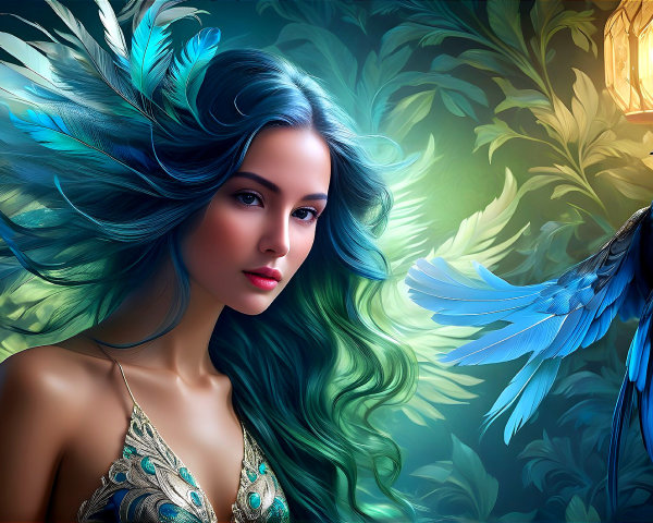 Woman with Blue-Green Hair and Blue Bird in Nature