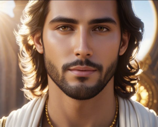 Young man with long hair and beard in golden light