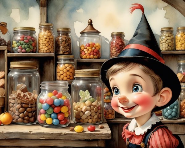 Young boy in jester hat at a rustic candy shop