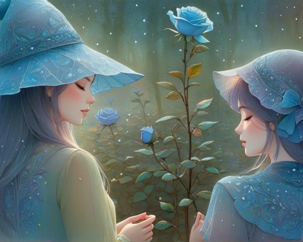 Ethereal Figures in Serene Garden with Blue Roses