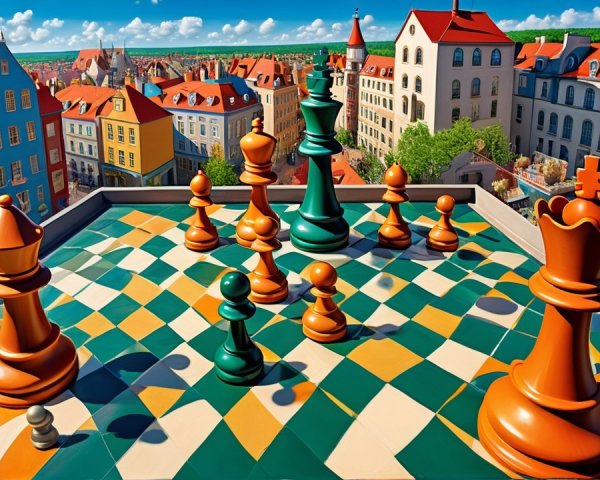 Vibrant Rooftop Chessboard with Oversized Pieces