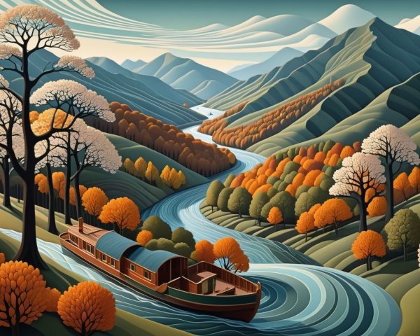 Serene Landscape with Rolling Hills and Autumn River