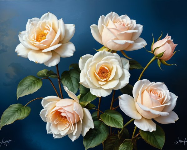 Peach and White Roses Bouquet on Deep Blue Background