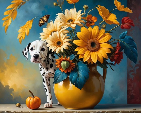 Dalmatian Puppy with Flowers and Seasonal Decor