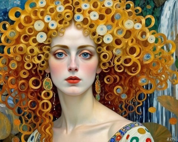 Woman with Golden Curly Hair and Elegant Attire
