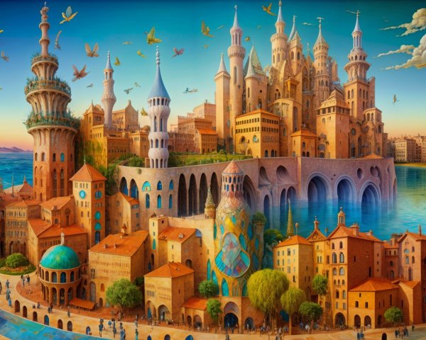 Majestic Fantasy City by the Sea with Lush Landscape