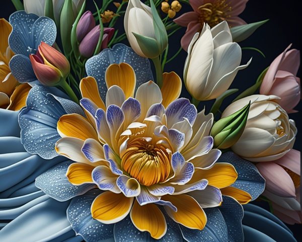 Intricate Floral Arrangement with Blue and Yellow Lotus