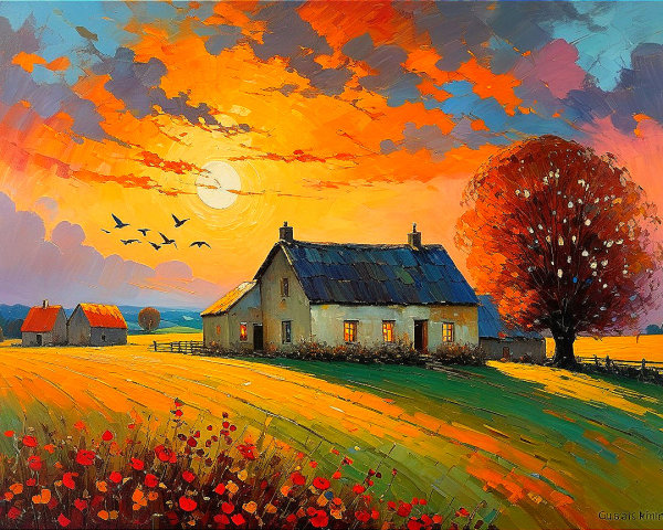 Vibrant Sunset Over Serene Countryside Landscape