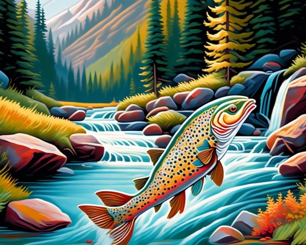 Vibrant Landscape with Mountain Stream and Trout