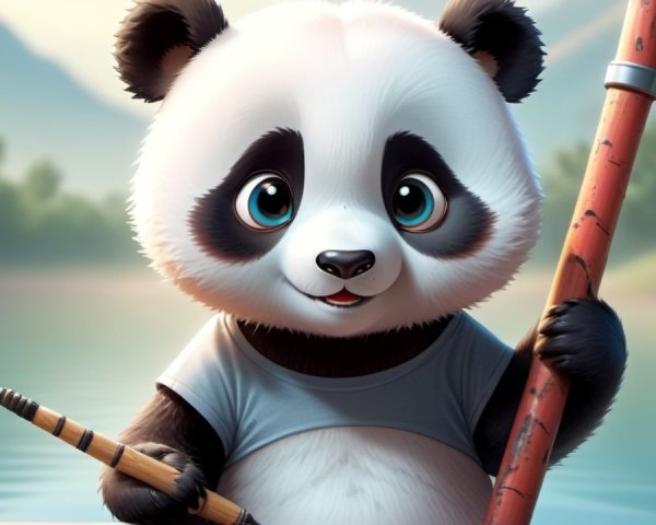 Playful Panda Character by Tranquil Lake Scene