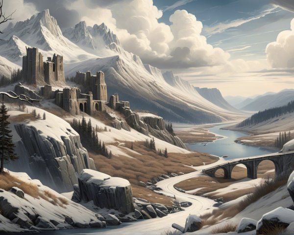 Majestic Winter Landscape with Mountains and River