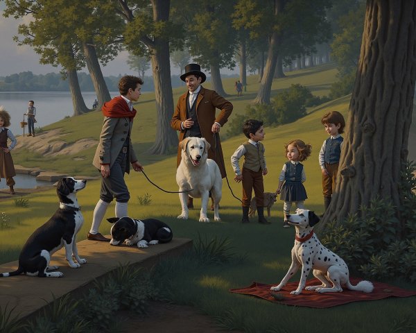 Lakeside Scene with Children and Dogs in Nature