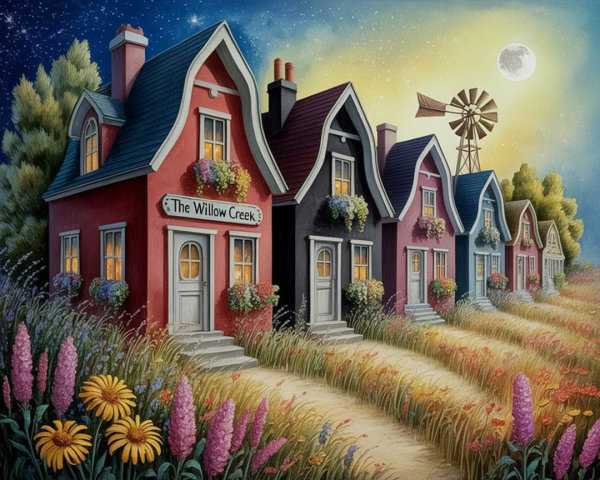 Charming Colorful Houses Along a Serene Twilight Path