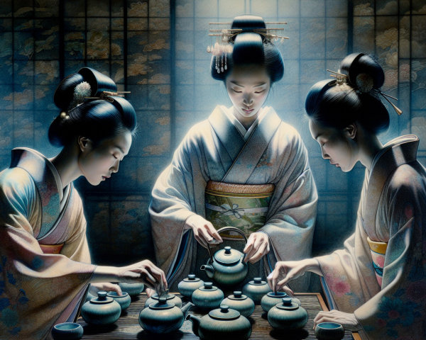 Traditional Japanese Tea Ceremony with Elegant Kimonos