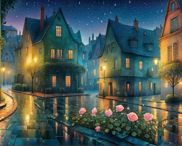Moonlit Street Scene with Quaint Houses and Roses