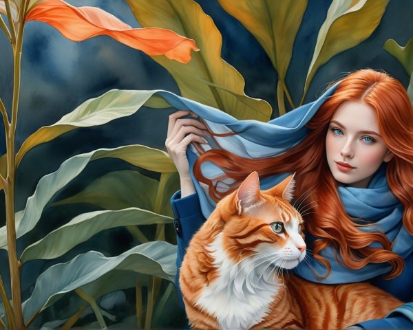 Young Woman with Cat in a Lush Green Setting